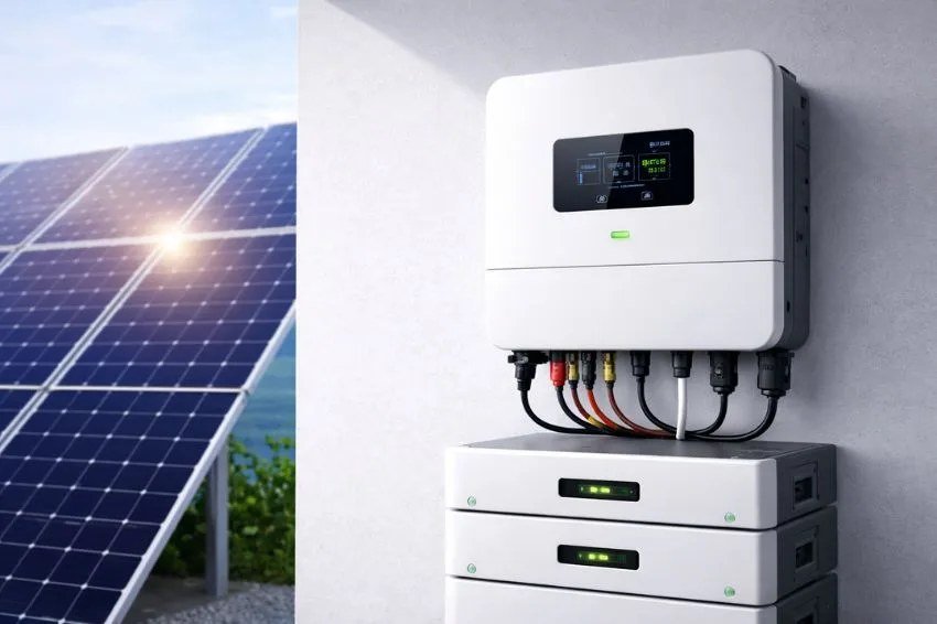 Inversor híbrido moderno instalado na parede ao lado de banco de baterias de lítio empilhadas - Energia Solar Rio